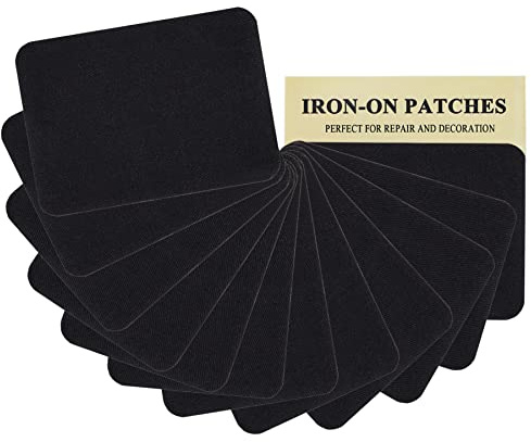 12 pièces de patchs de tissu de haute qualité à repasser, adhésif puissant, 100% coton, noir, kit de réparation, taille 7,5 x 10,5 cm