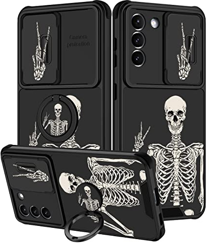 Goocrux (2in1 for Samsung Galaxy S21 Case Skull Skeleton for Women Girls Cute Gothic Phone Cover Horror Design with Slide Camera Cover+Ring Holder Funny Spooky Cool Boys Cases for S21 5G 6.2''