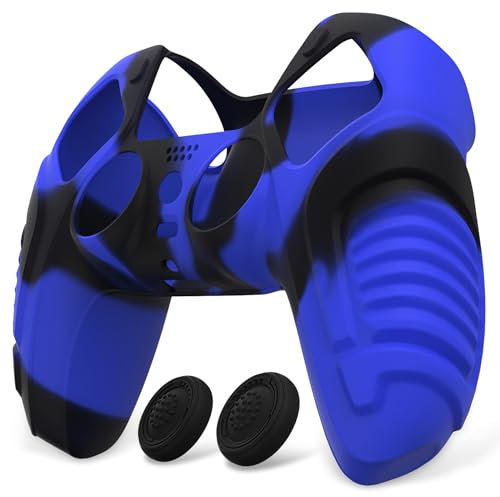 PlayVital Coque Manette pour ps5 Protection Housse Silicone avec Capuchon Joystick pour ps5 Controller Cover Skin，Édition Guerrier Enragé-Bleu & Noir