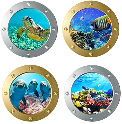 3D Wandtattoo Unterwasserwelt, 4 Pcs Wandtattoo Badezimmer Bullauge deko, Wandsticker Badezimmer Bilder Bullauge Unterwasserwelt Wandaufkleber (Gold+Silber)