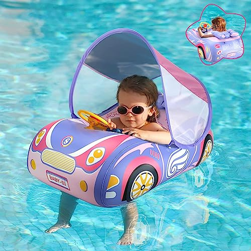 Baby Pool Float with Canopy, PVC Baby Swim Float with Sun Shade Cover, 3D Car Toddler Pool Float Swimming Floats Seat Boat for 12-18, 12-24 Months, Age 2-3, 3+ Years (Pink Canopy)
