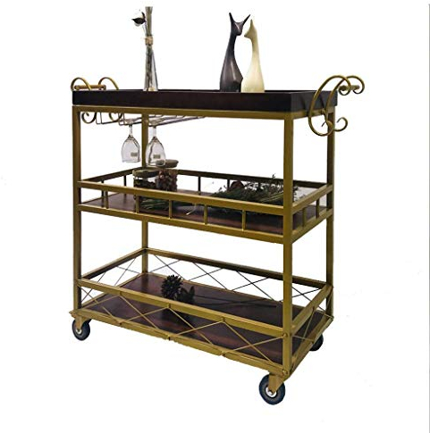 Friseurwagen, einfach aufzustellen, industrieller Vintage-Stil, Küchen-Servierwagen mit Weinregal, Aufbewahrungswagen, Tisch, Küche, Weinaufbewahrungswagen, Universalrollen (Messing)