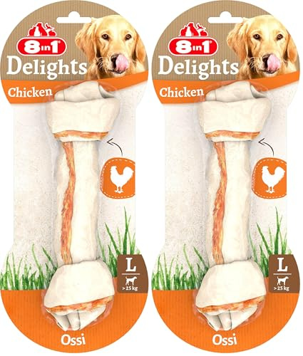 8in1 Delights Chicken Knochen L - gesunder Kauknochen für große Hunde, hochwertiges Hähnchenfleisch eingewickelt in Rinderhaut, 1 Stück (Packung mit 2)