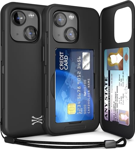 TORU CX SLIM för iPhone 15 fodral plånbok | skyddande stötsäkert slitstarkt skydd med dold korthållare och kortplats | spegel och handledsrem ingår - Svart