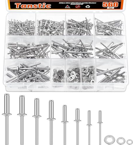 Tanstic 560Pcs Silver Aluminum Pop Rivets Kit, 8 Size Blind Rivet Fasteners with 3 Size Backup Washers Assortment Kit for Aviation Automobile Furniture Use