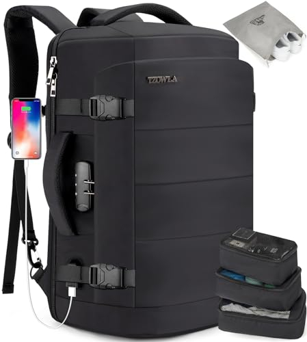 Tzowla Travel Laptop Backpack Cabin Size 40L Mens Womens,Carry on Large Capacity Anti Theft Backpacks for Travelling with USB Charging Port,Business Causal Daypack Bag Fits 17.3Inch Laptop,Black