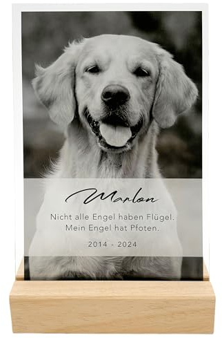 Andenken an verstorbenen Hund personalisiert mit Foto 13 x 20 cm | Personalisiert, Acrylglas mit Echtholzfuß, 13 x 20 cm, Andenken an verstorbene Hunde, Bild mit Foto