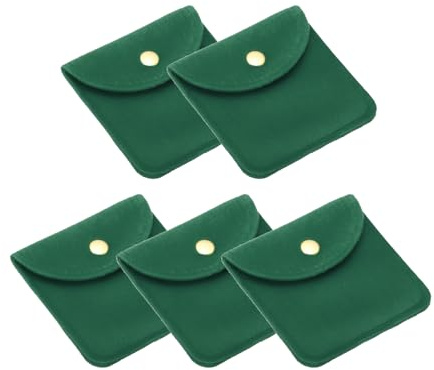 PATIKIL 8 x 8 cm smyckepåsar med tryckknapp, 5-pack smycken i sammet, bärbar mjuk förvaring för halsband, armband, örhängen, klockringar, brosch, mörkgrön