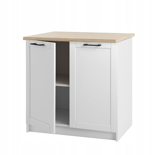 Laclar Unterschrank mit Arbeitsplatte 80 cm - stehender Schrank mit Rahmenfronten - Mattschwarz - mit Arbeitsplatte in Eichenholzoptik - zum Selbstaufbau - ideal für die Küche - inklusive Montageset.