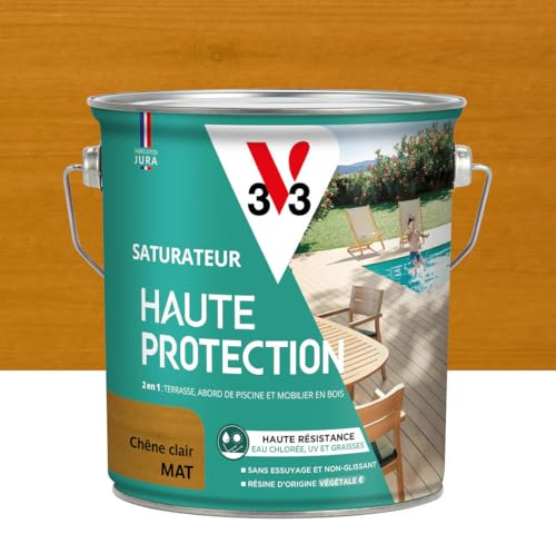 V33 Saturateur bois extérieur Chêne clair mat - Pour terrasses et mobilier de jardin - Haute résistance eau chlorée, UV et graisse - Sans essuyage et non glissant - Résine d'origine végétale - 2,5L | Pour terrasses et mobilier de jardin, Haute résistance eau chlorée, UV et graisse, Sans essuyage et non glissant