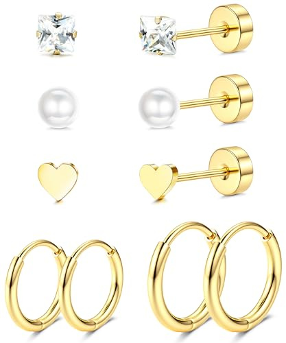 JeweBella 5 par allergivänliga G23 titanörhängen platt baksida stud ring örhänge set titan tragus helix broskörhängen öronpiercing nitar sleeper huggie ring örhänge för kvinnor män silver/guld, Titan