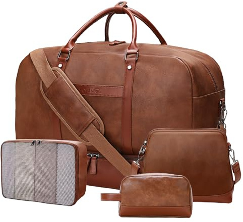 Double Bus Weekender Bag for Women Men, Large Overnight Bag Faux Leather Travel Duffel Bag with Shoe Compartment Toiletry Packing Cube Carry On Bag Fit 21 Laptop 3Pcs Set (4PCS Brown)