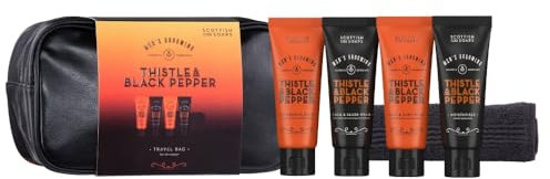 Scottish Fine Soaps Men's Grooming Thistle & Black Pepper Travel Bag – Travel Gift Set with Hair & Body Wash, Moisturiser, Beard Wash and Balm plus washbag and washcloth