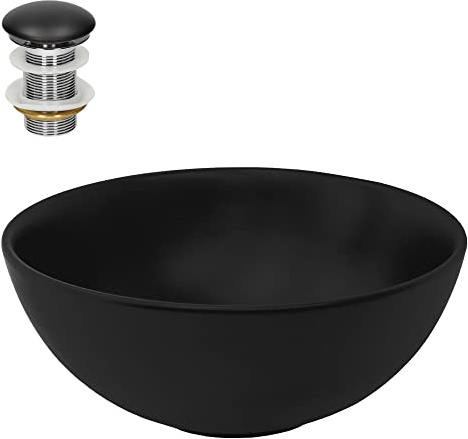 LuxeBath Waschbecken Keramik rund Ø 320x135 mm Schwarz mit Ablaufgarnitur Schwarz, Aufsatzwaschbecken für Badezimmer/Gäste-WC, Modernes Aufsatzbecken, Waschtisch Waschschale Waschplatz Handwaschbecken