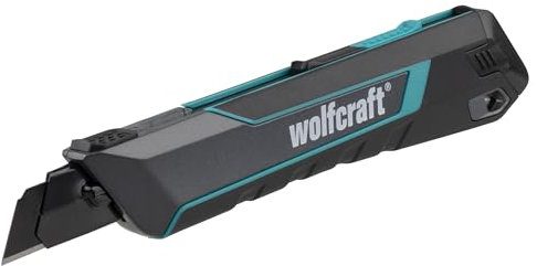 wolfcraft Cuttermesser PRO SAFETY, 18 mm - optimale Ergonomie für Links- und Rechtshänder - extrascharfes Profimesser - Abbrechklingenmesser - 4290000