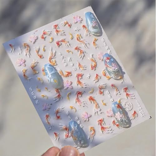GlamRays Autocollants Ongle Poisson Koi Brillant Sticker 5D Relief Lotus Style Chinois Décoration Manucure Accessoires Poisson Doré Coquillage Lumière