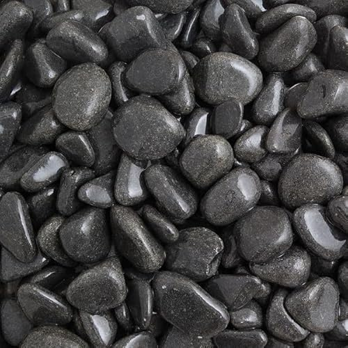 Charles Watson Large Ebony Pebbles 15-30mm Garden Stones, Yellow | Polished weather-resistant surface enhances natural dark tones; ideal for borders, water features, and plant pot toppers.