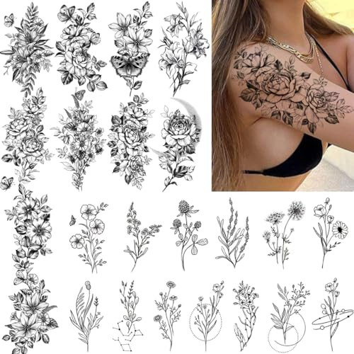 CHARLENT Black Flower Temporary Tattoos for Women, 23 Sheets | Realistic Rose Orchid Tiny Branch Fake Tattoo Stickers, Waterproof Sexy Floral Body Art for Arm Neck Hands