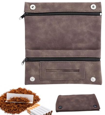 Baccy Pouch, Faux Suede Tobacco Pouch, Cigarette Case Bag, Brown | Waterproof Portable Tobacco Bag with Buttons Zip for Rolling Tobacco Stylish on the Go Storage