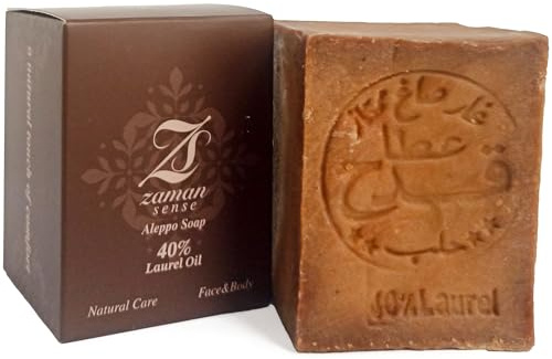Zaman Sense Premium Aleppo tvål med 40 % lagerolja – 200 g naturlig tvål från olivolja, vegansk och plastfri – intensivvård för ansikte och kropp – traditionellt handgjord