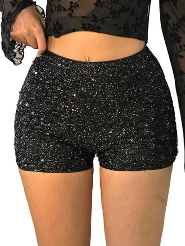SOLY HUX Damen Shorts mit Pailletten Hohe Elastische Taille Glitzer Party Shorts Rave Hotpants Festivals Outfits Clubwear Casualshort Schwarz M