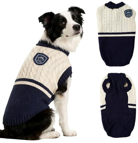 Hundtröja vinter, FainFun Preppy-stil husdjurströja, katttröja, lämplig för små, medelstora hundar, katter, tröja hund jul, hundtröja stor (blå, L)