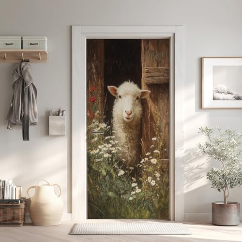 Schafe Türaufkleber, Gänseblümchen Türfolie Selbstklebende Fototapete, Bauernhaus Tür Türposter Abnehmbar Türfolie PVC Für Tür Schlafzimmer Badezimmer Türaufkleber 85x200 cm