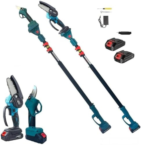 Kit Potatura Mini Motosega piu Cesoia forbice a Batteria con Asta Telescopica