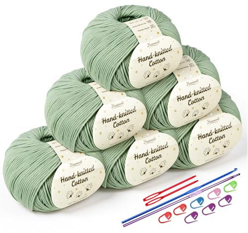 Baumwolle Mattgrün 6er,Homewit 100% Baumwollgarn für Baby Superweiche Kindermilch Häkel- & Strickgarn - (50 g/Ball) mit 2 Metallhäkelhaken (2,5-3,5 mm) Baby Fluffy Ball zum Handstrickgarn