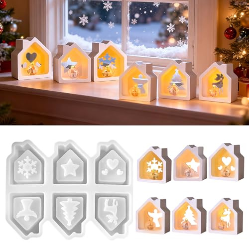 CHIHOLEN - Stampi in silicone per Natale, set di 6 stampi per casa in silicone, stampi in gesso per versare, stampi per candele in silicone per case fai da te, sapone, gesso, artigianato