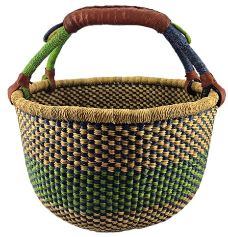 Stor Rund Bolga-Korg ca. Ø 40 x 40 cm – Handgjord i Ghana – Fairtrade – Kundkorg med Läderhandtag – Grönt-Naturlig