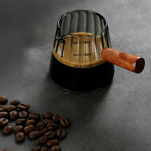 Cloud-Shaped Espresso Measuring Cup 180ml, Grey Glass with Wooden Handle for Heat Control, Milk Jug for Coffee Machine, Espresso Coffee Preparation Tool for Home Coffee Machines and Daily Brewing (A)