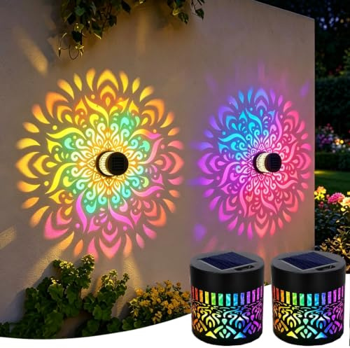 YOUYIKE Farolillos Solares Exterior Jardin, Mandala Cambio Gradual de 7 Colores Metal Impermeable IP65 LED Lampara Pared Mesa Terraza Decoracion Luces ，2 piezas