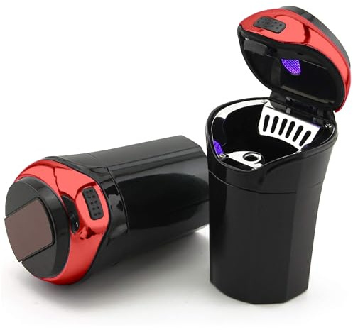 TAKAVU Car Ashtray (1-Pack), Easy Clean Up Detachable Stainless Car Ashtray with Lid Blue LED light and Removable Lighter for Most Vehicle Cup Holder (Red)