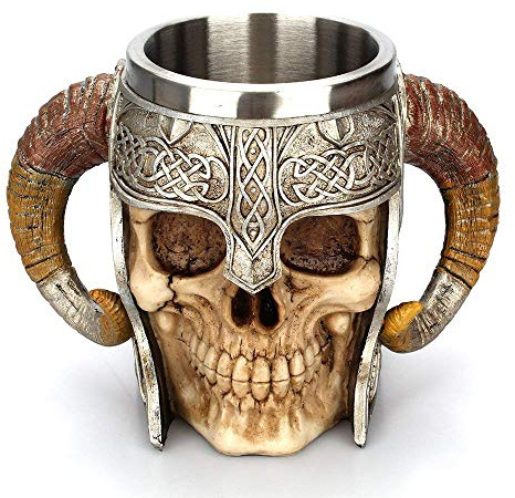 Taisuko mittelalterlicher Becher, Edelstahl-Widder Gehörnter Wikinger-Pirat gotischer Tankard-Becher, mittelalterlicher Skelett-Krug Stein für Bier Wein Kaffee Rum Trinkwasser - 500 ml (17 Unzen)