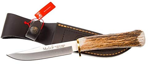 Muela Cuchillo GREDOS GRED-12A hoja de acero ACX-380 de 12 cm y empuñadura de asta de ciervo para Caza, Pesca, Supervivencia y Bushcraft Realizado en Ciudad Real + Portabotellas de regalo