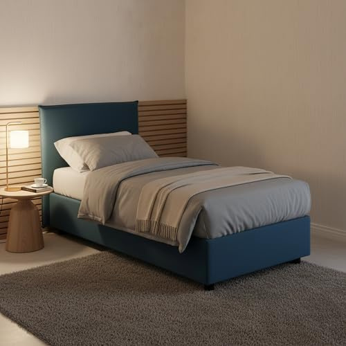 Talamo Italia - Bruna Einzelbett, Bettkasten mit Stoffbezug, 100 % Made in Italy, Öffnung vorne, geeignet für Matratze 80x190 cm, Blau