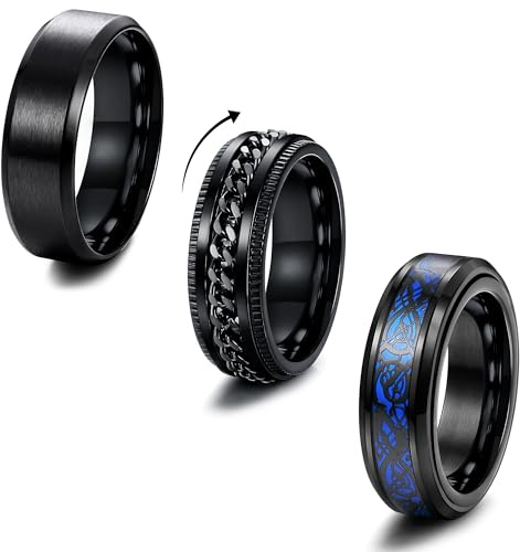 Milacolato 3 Anello Uomo Nero Acciaio Inossidabile Anello Antistress Cool Catena Ritorta Ferma Anello Celtico Drago Fascia Anello Spinner Anelli Apribottiglie Di Birra, Larga 8mm