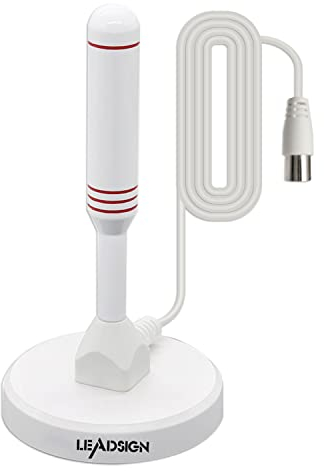 LEADSIGN Portable Indoor/Outdoor TV Aerial with Magnetic Base, 360°Reception High Gain Digital Freeview TV Antenna, 4K 1080P VHF UHF(White)