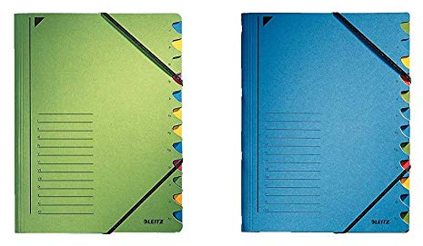 Leitz 39120055 Ordnungsmappe, 12 Fächer, Colorspankarton, grün & 39120335 Ordnungsmappe (A4, 12 Fächer) blau