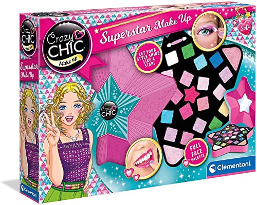 Clementoni 18604 Crazy Chic – Superstar Make-Up, farbenfrohes Make Up Set, Kosmetiktasche mit Lipgloss, Lidschatten & Foundation, inkl. Schminkspiegel, für Kinder ab 6 Jahren