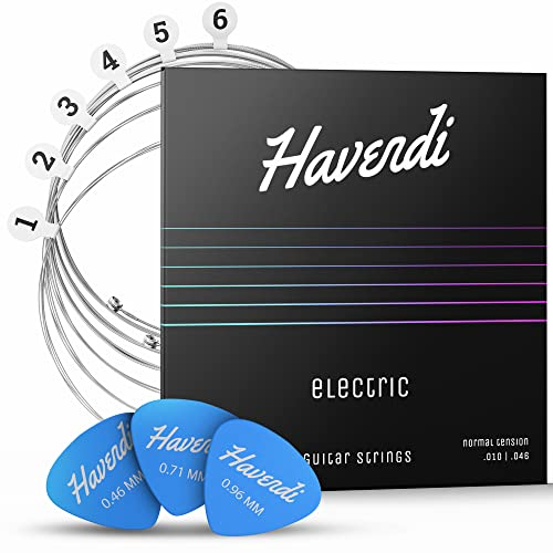 HAVENDI® Corde per chitarra elettrica – corde in acciaio di qualità del suono brillante per chitarra elettrica rivestite in nichel (set di 6 corde) incl. 3 plettri