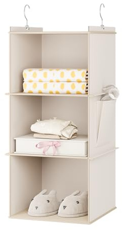 YOUDENOVA Hängeregal Stabiler Kleiderschrank Organizer Hängeaufbewahrung Schrankorganizer Hängeorganizer mit Bambus-Stöcke und MDF-Platten Verstärkt 3 Fächer Beige
