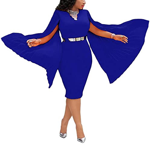 VERWIN Long Sleeve Round Neck Patchwork Plain Women's Bodycon Dress Flare Sleeve Midi Dress (X-Large, Blue)
