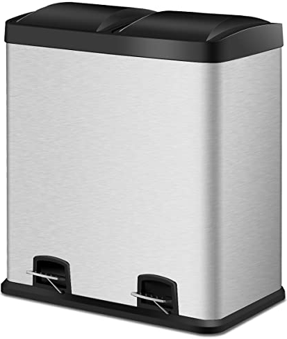COSTWAY Double Rubbish Bin, 2 x 30 L Stainless Steel Recycle Pedal Kitchen Bin with Dual Removable Compartments, Curved Lids & Handle, Airtight Waste Separation System