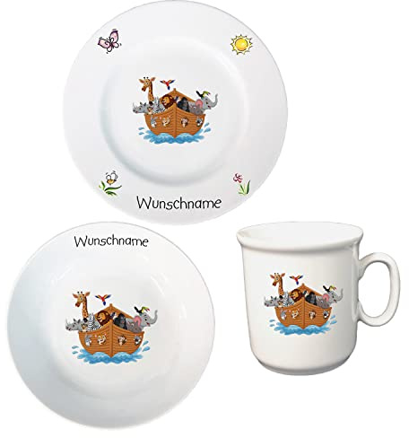 Kindergeschirr personalisiert - Frühstücksservice 3-tlg. Porzellan Teller Becher Schale personalisierbar mit Wunschname Name Namen personalisiert (Arche Noah)