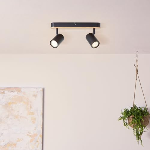 Lightbox klassicher Spotbalken - Nature Deckenstrahler mit schwenkbarem Kopf & Holz-Aktzenten - 2 x GU10, max. 10 W - aus Metall/Bambus - in Schwarz Matt/Natur