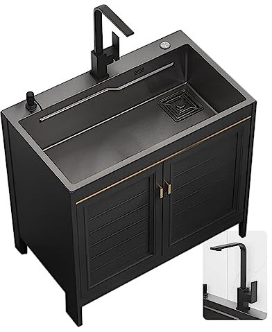 Lavello da Incasso a Vasca Singola, Rubinetto per lavello in Acciaio Inox Commerciale, lavabo per Lavanderia, con mobiletto per Garage, Ristorante, Cucina, Lavanderia (60x45x80 cm)