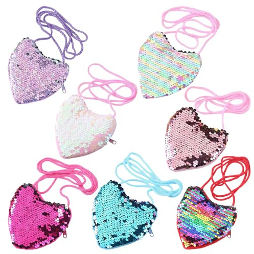 7 stycken paljetter barnplånbok, mini barn hjärtformad plånbok väska, barn cross-body strap myntbörs flicka barns födelsedag present party plånbok, Blandad färg, Plånbok