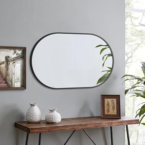 WOWINNE Spiegel Schwarz 80x50cm Ovaler Wandspiegel mit Metallrahmen Dekorative Spiege für Badezimmer Wohnzimmer Schlafzimmer Gäste WC, Vertikal & Horizontal